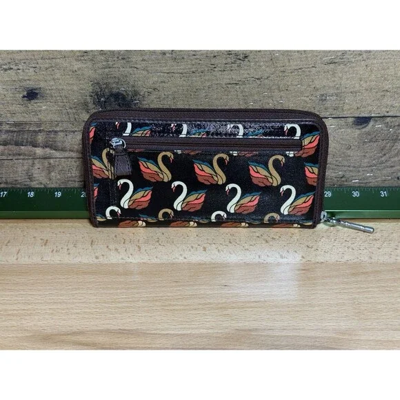 NEW Authentic Fossil Key-Per Brown/Orange Swan Print Card Wallet Fall Colors - Picture 8 of 16